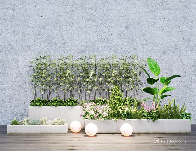 Garden Landscape with Multi Level Planters Bamboo Green Plants Flowers Succulents and Round White Lights 3d model 