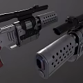 Futuristic Sci Fi Gun With Scope Perforated Barrel Metal Body And Wooden Grip