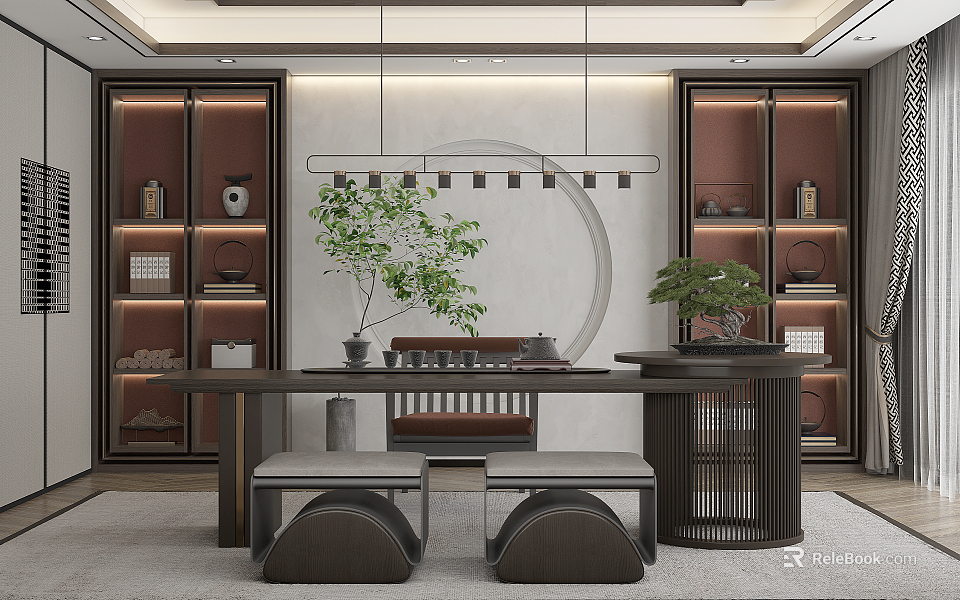 Traditional Tea Room Interior Design With Wooden Table Stools Green Plants And Decorative Cabinets 3d model 