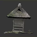 Traditional Japanese Pavilion With Thatch Roof Wooden Structure And Stone Base