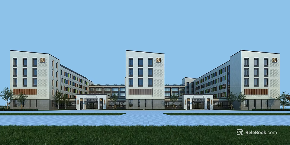 Modern School Building With Symmetrical Multi Story Design And Front Lawn Square 3d model 
