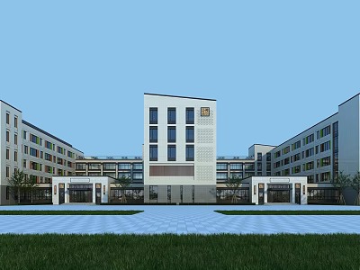 Modern School Building With Symmetrical Multi Story Design And Front Lawn Square 3d model