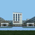 Modern School Building With Symmetrical Multi Story Design And Front Lawn Square
