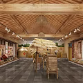 Traditional Rustic Farmhouse Restaurant Interior With Wooden Ceiling Thatched Roof And Straw Grain Decor