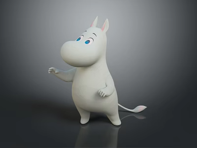 Cute White Cartoon Creature With Big Nose Blue Eyes Pink Ears Standing On Dark Background 3d model