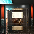Luxury Clubhouse Entrance With Blue Ceiling Lighting Red Walls Glass Doors And Black Marble Floor