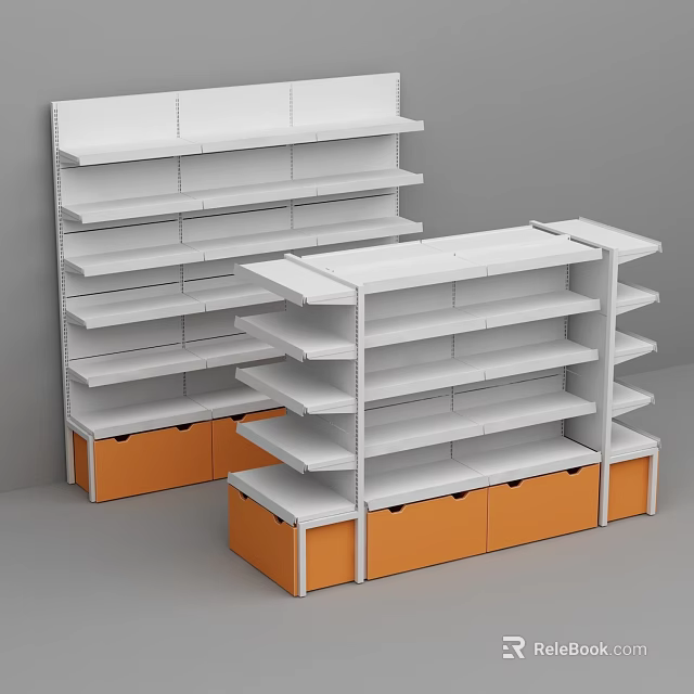 White Shelf Units With Orange Storage Bases And Multiple Display Tiers 3d model