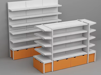 White Shelf Units With Orange Storage Bases And Multiple Display Tiers 3d model