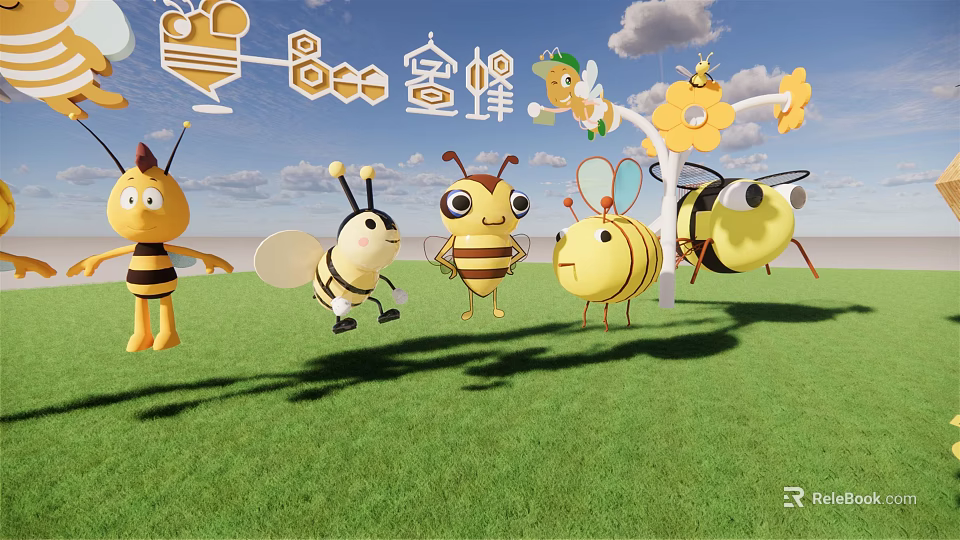 Cute Bee Decorative Figurine Set with Honeycomb Flowers on Green Grass and Blue Sky 3d model 