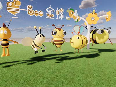 Cute Bee Decorative Figurine Set with Honeycomb Flowers on Green Grass and Blue Sky 3d model