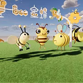 Cute Bee Decorative Figurine Set with Honeycomb Flowers on Green Grass and Blue Sky