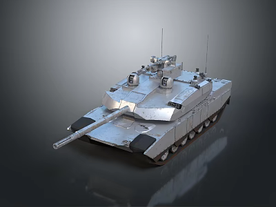 Modern Military Tank with Cannon Turret Tracks and Antenna Sensors on Reflective Surface 3d model