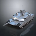 Modern Military Tank with Cannon Turret Tracks and Antenna Sensors on Reflective Surface