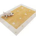 Square Carpet With Yellow Center Beige Border Rabbit Patterns Carrot Designs and Plush Toy Dog