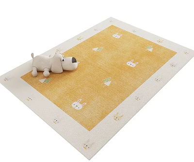 Square Carpet With Yellow Center Beige Border Rabbit Patterns Carrot Designs and Plush Toy Dog 3d model