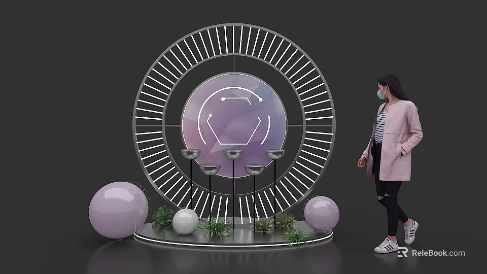 Modern Display Island With Circular Metal Frame Purple White Spheres And Green Plants 3d model 
