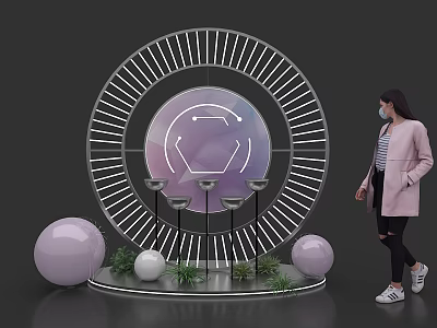Modern Display Island With Circular Metal Frame Purple White Spheres And Green Plants 3d model