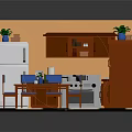 Cozy Kitchen Interior With Yellow Walls Brown Cabinets White Refrigerator And Checkered Floor