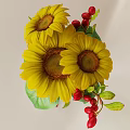 Silver Patterned Vase With Yellow Sunflowers Red Berries And Green Leaves