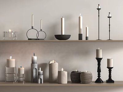 Candle Lamps With Different Designs Various Materials On Shelves Lit And Unlit Modern Minimalist Style 3d model