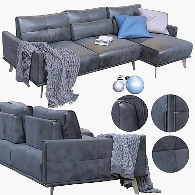 Gray Leather Sectional Sofa with Decorative Blanket and Modern Pillows 3d model