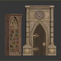 Arched Window Bookshelf With Books And Decorative Arched Doorway With Clock