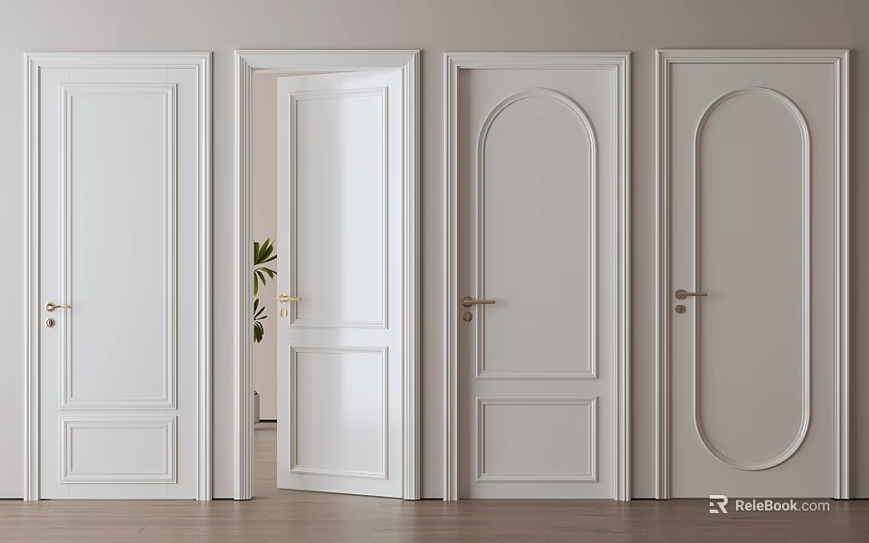 Modern White Swing Doors With Panel Designs And Brass Handles Collection 3d model 