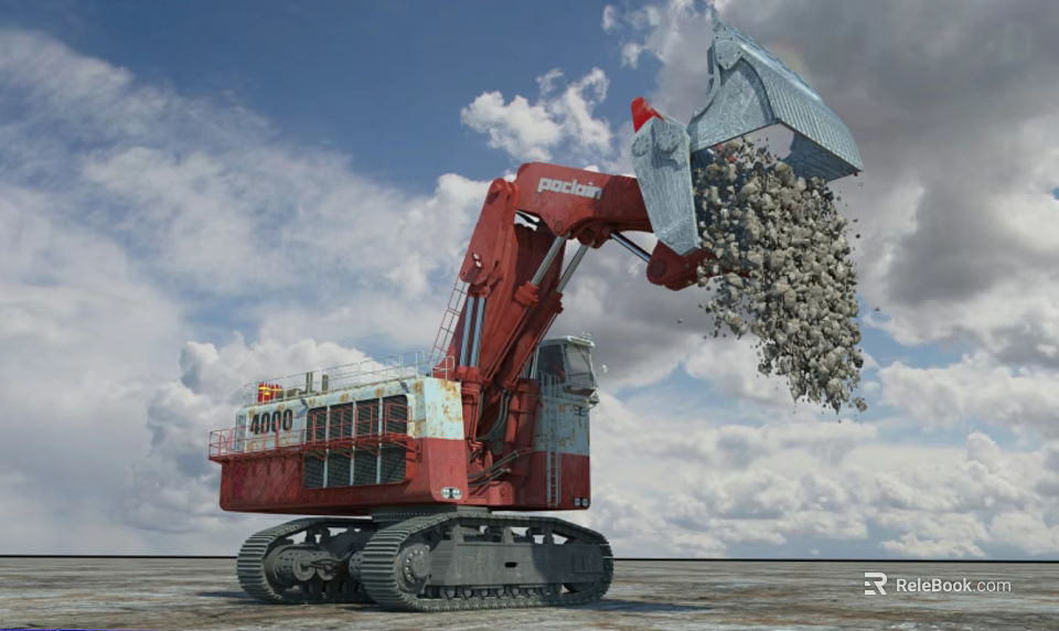 Red Tracked Functional Excavator Shoveling Rocks At Construction Site 3d model 