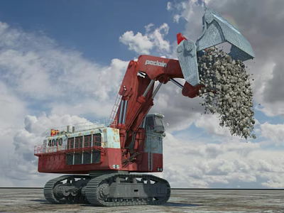 Red Tracked Functional Excavator Shoveling Rocks At Construction Site 3d model