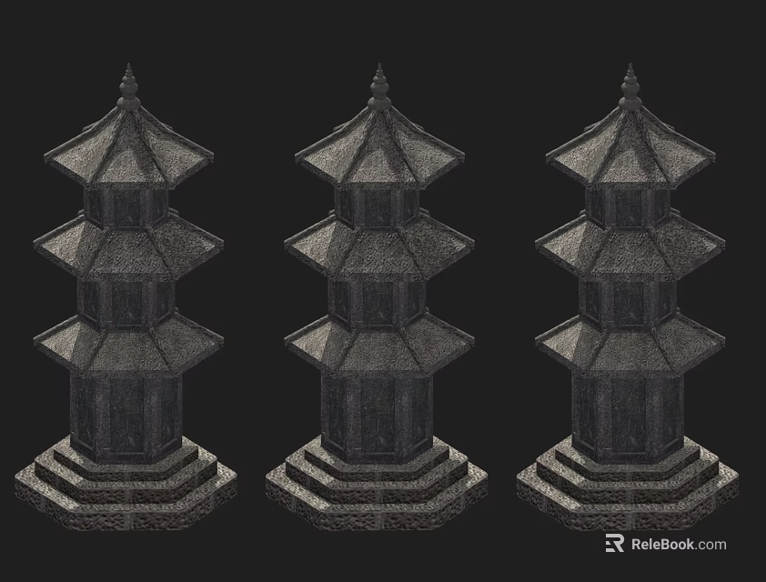 Three Pagoda Style Outdoor Lights With Multi Tiered Structure And Textured Design 3d model 