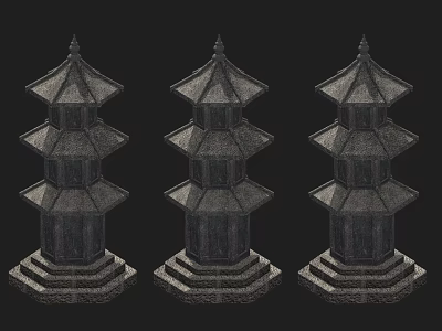 Three Pagoda Style Outdoor Lights With Multi Tiered Structure And Textured Design 3d model