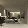 Modern Hotel Room Interior With Fireplace Gray Walls Bed And Decorative Lighting