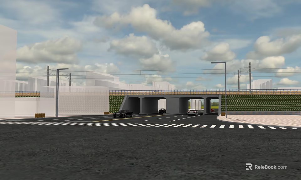 Modern Road Infrastructure Featuring Underpass Vehicles Street Lamps Crosswalk And Overpass 3d model 