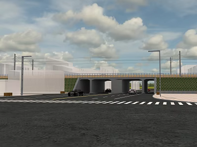 Modern Road Infrastructure Featuring Underpass Vehicles Street Lamps Crosswalk And Overpass 3d model