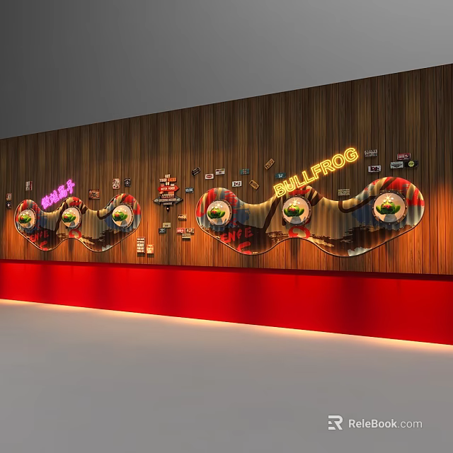 Wooden Gallery Wall Design with Circular Decorations and Red Base Accent 3d model 