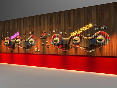 Wooden Gallery Wall Design with Circular Decorations and Red Base Accent 3d model