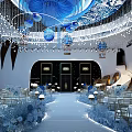 Luxurious Banquet Hall With Gorgeous Ceiling Blue Decorations Crystal Chandeliers Stage And Tables Chairs