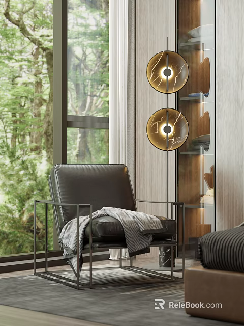 Black Leather Armchair with Gray Blanket near Large Window Golden Pendant Lights and Green Trees 3d model 
