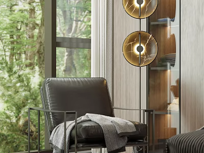 Black Leather Armchair with Gray Blanket near Large Window Golden Pendant Lights and Green Trees 3d model