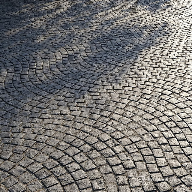 Ground with Curved Patterned Interlocking Stone Pavers and Sunlight Shadows 3d model 