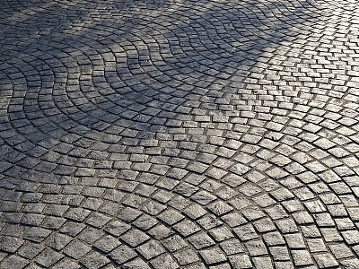 Ground with Curved Patterned Interlocking Stone Pavers and Sunlight Shadows 3d model