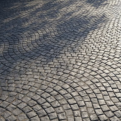 Ground with Curved Patterned Interlocking Stone Pavers and Sunlight Shadows 3d model
