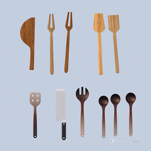Natural Wood and Dark Toned Kitchen Utensil Set with Spatula Fork Spoon and Knife 3d model 