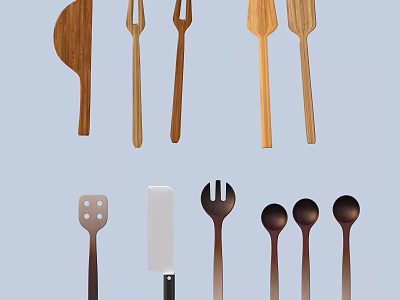 Natural Wood and Dark Toned Kitchen Utensil Set with Spatula Fork Spoon and Knife 3d model