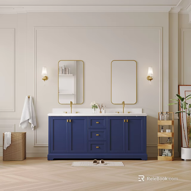 Stylish Bathroom Interior With Blue Vanity Two Gold Framed Mirrors And Wall Lamps 3d model 