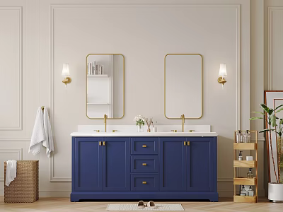 Stylish Bathroom Interior With Blue Vanity Two Gold Framed Mirrors And Wall Lamps 3d model