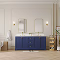 Stylish Bathroom Interior With Blue Vanity Two Gold Framed Mirrors And Wall Lamps