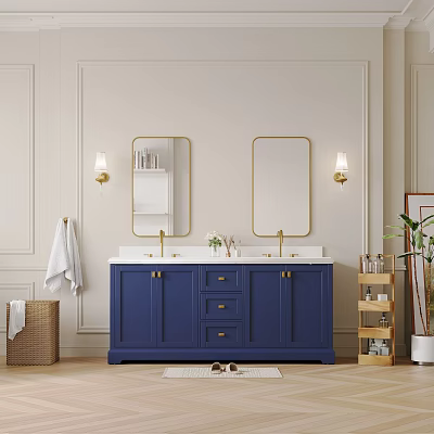 Stylish Bathroom Interior With Blue Vanity Two Gold Framed Mirrors And Wall Lamps 3d model