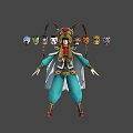Traditional Ornate Teal Costume Character With White Cloak Surrounded By Colorful Face Masks