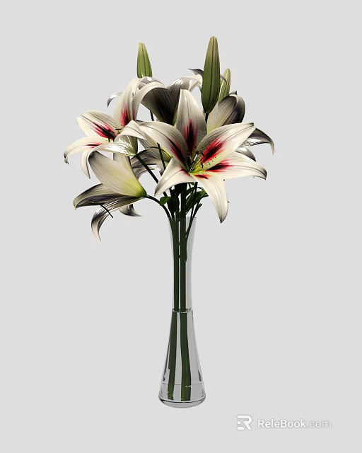 Elegant White Lilies In Tall Clear Glass Vase With Red Stamens And Dark Petals 3d model 
